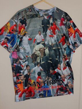 eh toro eh San Fermin Pamplona bull run AOP shirt mens XL Spain
